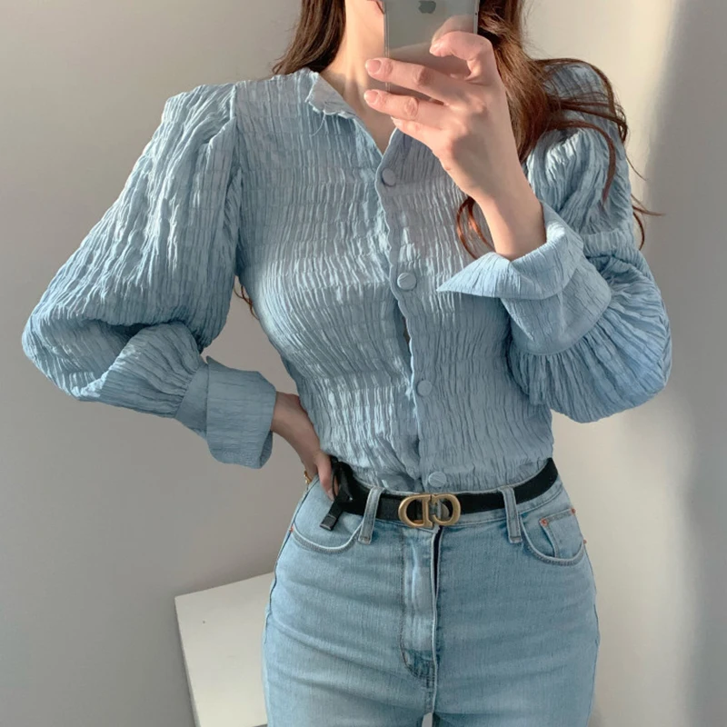 

Блузка Женская Складная однобортная, с рукавами-фонариками, 2021