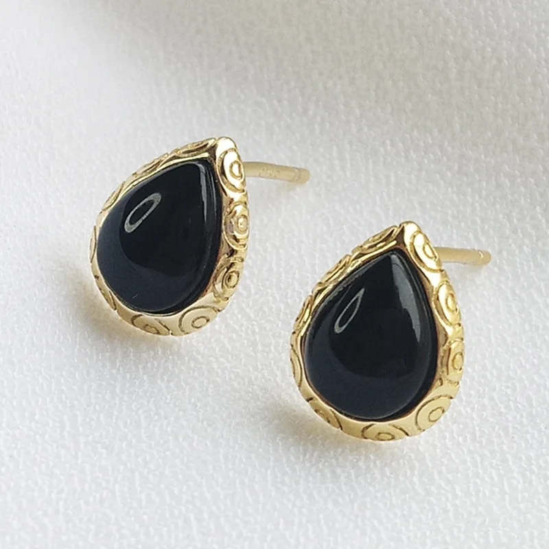 

Harlig sterling silver 925 gold color water-drop-black stud earrings for women allergy free fashion jewelry free shipping