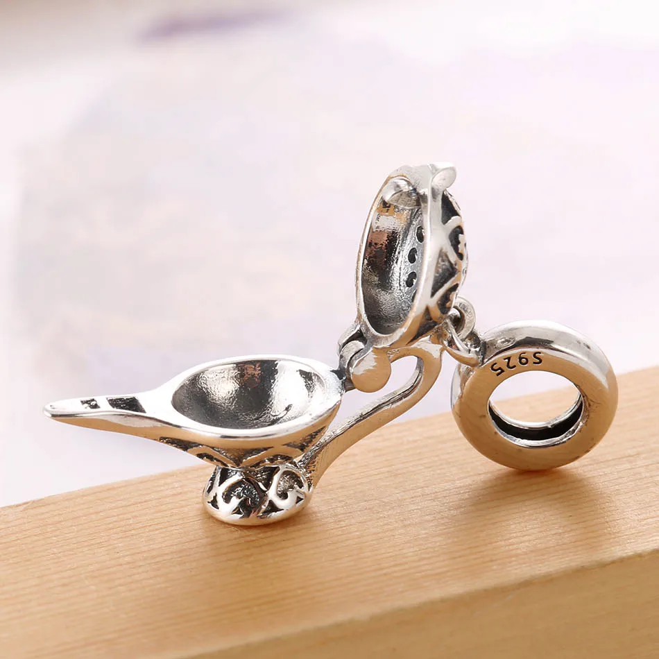 Authentic S925 Silver Vintage Magic Lamp With Crystal Hanging Charm fit Lady Bracelet Bangle For Women DIY Jewelry | Украшения и