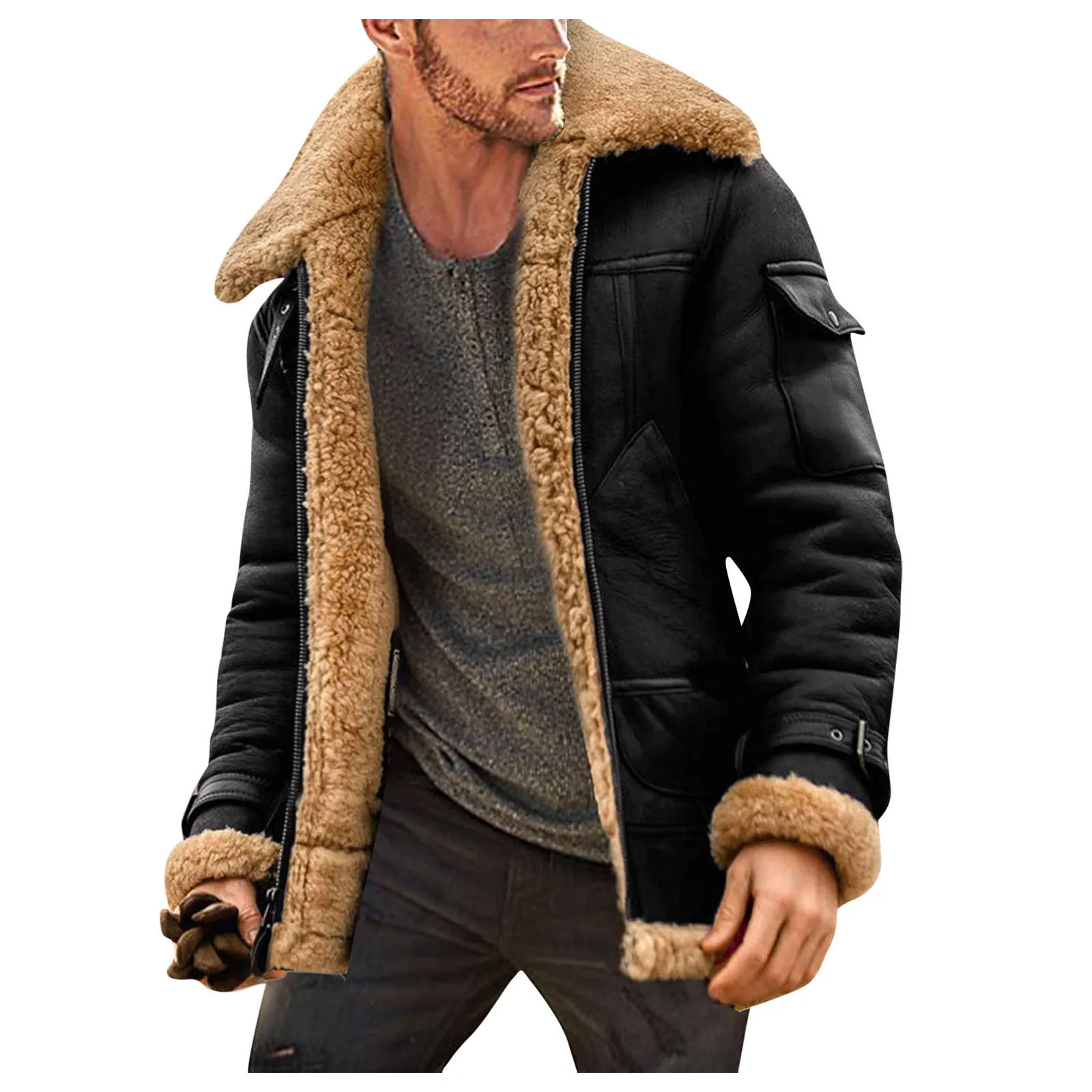 

Winter Coat Men Faux-fur Lapel Collar Long Sleeve Padded Leather Jacket Vintage Windproof Winter Warm Coat Jackets Streetwear