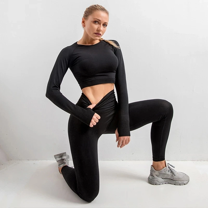 

2/3/5PCS Seamless Women Yoga Set Workout Sportswear Gym Clothing Fitness Long Sleeve Crop Top High Waist Leggings Sports Suits
