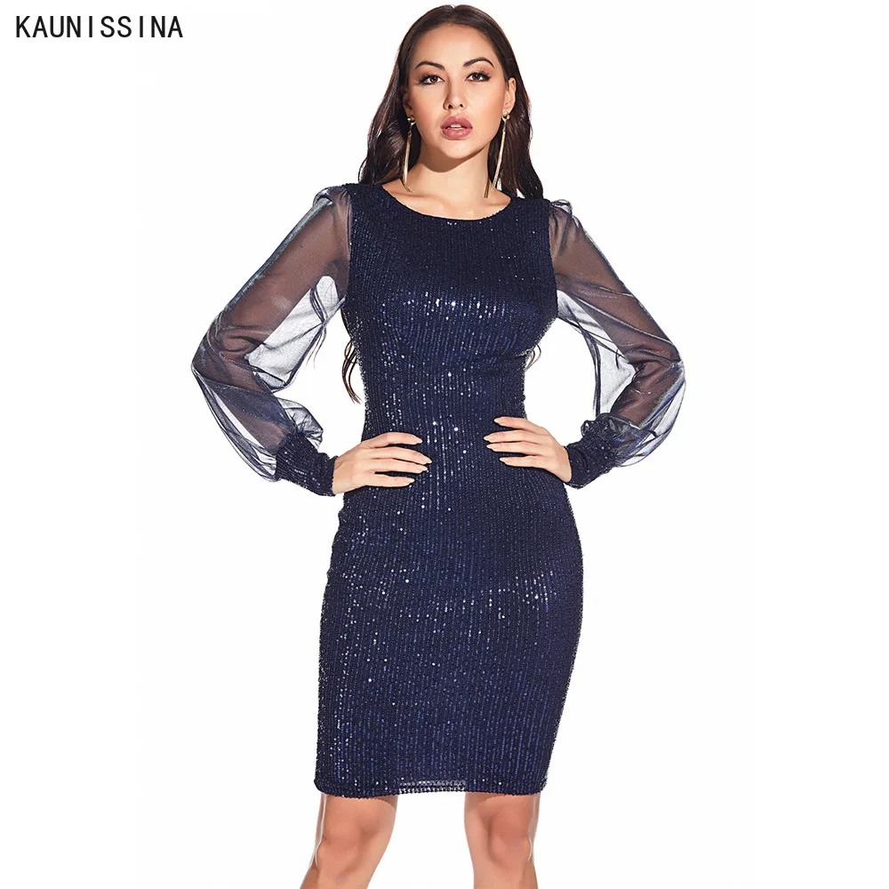 

Соблазнительное облегающее платье KAUNISSINA, коктейльные платья с блестками, сетчатые облегающие Клубные вечерние платья с длинным рукавом, же...