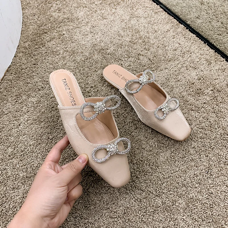 

Low Female Shoes Slippers Casual Beige Heeled Sandals Flock Cover Toe Glitter Slides 2021 Luxury Black Soft Flat Jelly Summer Fr
