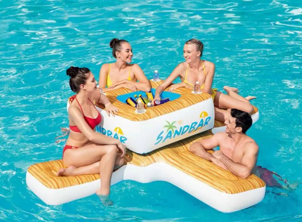 4 Person Inflatable Giant Bar Pool Float Island with Cooler Swimming Pool Beach Party Floating Boat Water Toys Air Mattresses