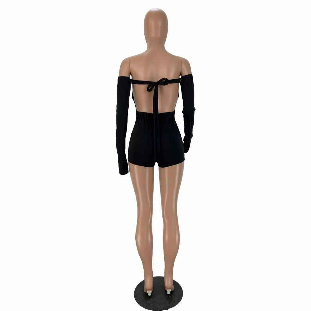 

Solid Color Cuffs Split Open Back Bandage Sexy One-piece Long Sleeve Tight Women's Nightwear Street Sports One-piece Suit