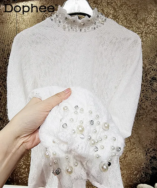 

Korean Fashion Chic Beads Pearl Rhinestone White T-shirt Women Velvet Thickened Stand Collar Long Sleeve Underwear Lace T Shirt