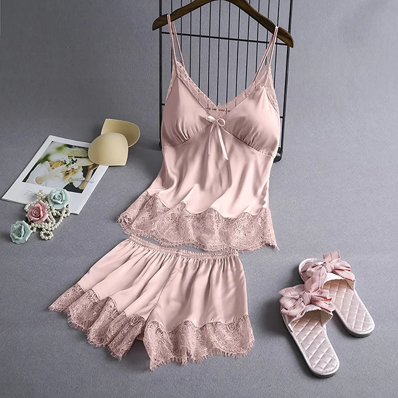 

Sexy Satin Lace Women's Pajama Set Sleeveless Faux Silk Lingerie Set Sleepwear Two Piece Set Home Wear Nightwear Pijama Mujer