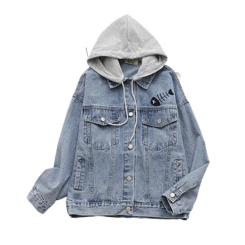 

Женская джинсовая куртка с капюшоном, однобортная Повседневная куртка с длинным рукавом и карманами, Корейская верхняя одежда с мультяшной...
