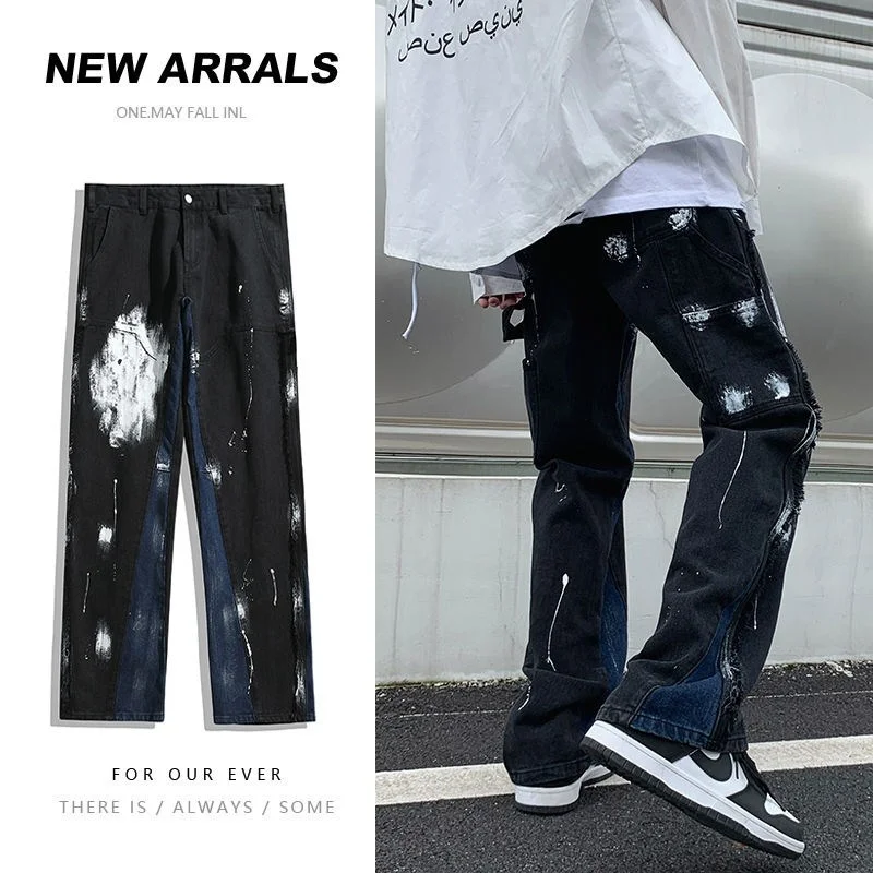 high street pants American skateboard washed splash jeans men's floor streetwear hiphop Panic buying denim men | Мужская одежда