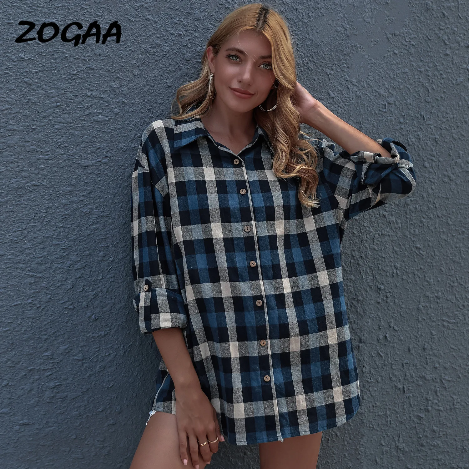 

Женский однобортный Кардиган ZOGAA, голубой кардиган в клетку с длинными рукавами, Модный повседневный жакет на осень и зиму