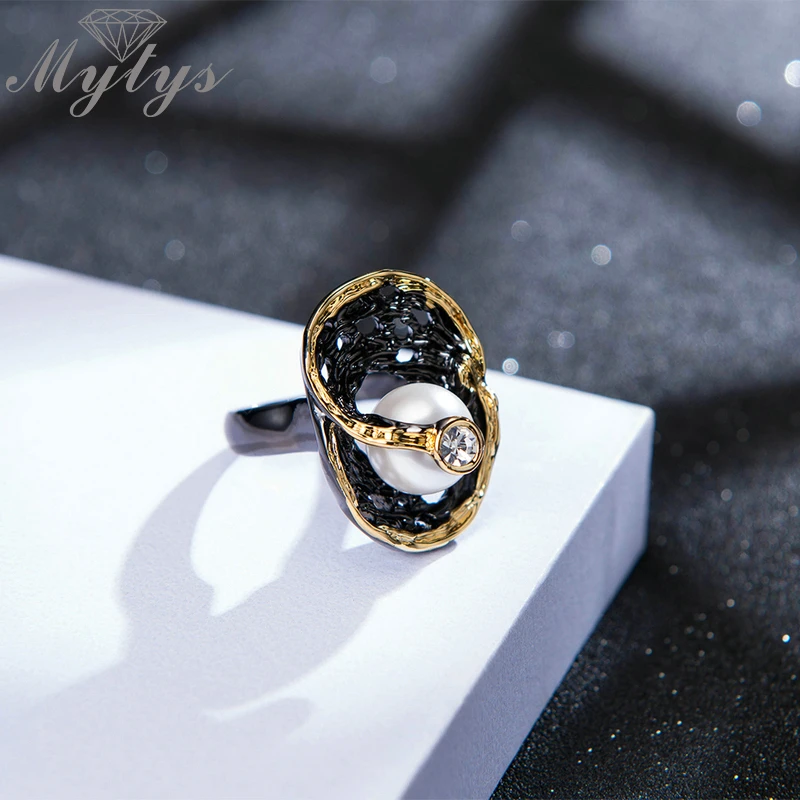 Mytys перламутровое кольцо для женщин, черный цвет, Винтажное кольцо, старинное Ювелирное кольцо, массивное кольцо, подарок R2163