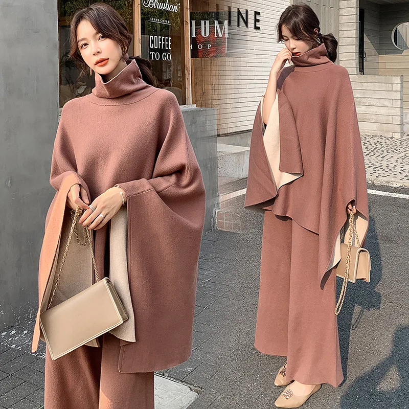 

Brand Famous New 2021 Spring Sweater Two-Piece Set Turtleneck Cape Sweater Loose Knitted Wide-Leg Pants 2 Piece Set
