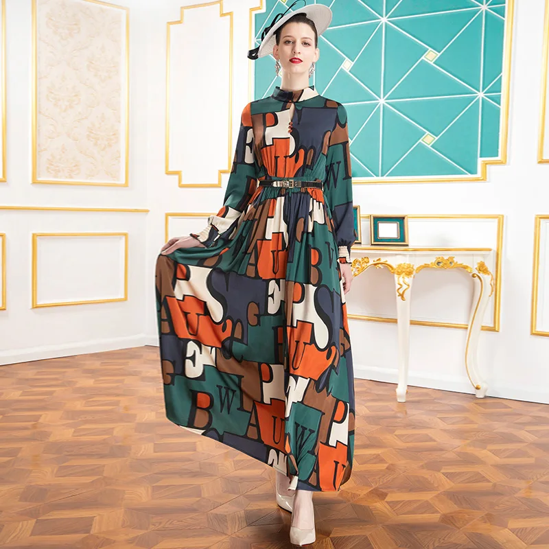

2020 Spring Autumn Long Dress Elegant Letter Printed Evening Clothing Women Long Sleeve Runway Dress Office Lady DZ1294