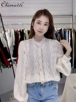 2022 spring new fashion chiffon lace stand collar shirt korean exquisite drill buckle loose stitching lace puff sleeve blouse