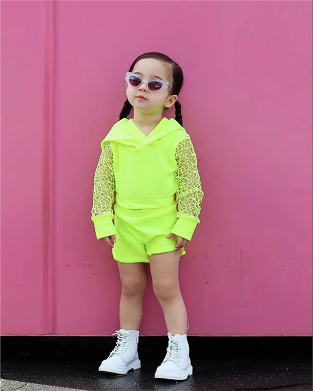 Summer Toddler Kids Baby Girl Clothes Hollow Out Solid Long Sleeve Hodded Tops Shorts Pants 2Pcs Outfits Sport Set |