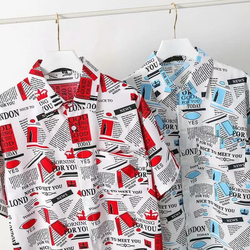 

2021 Harajuku Men's Shirt Casual Shirt Loose Summer Lapel Printed Short-sleeved Shirt Men's Shirt New Three-color