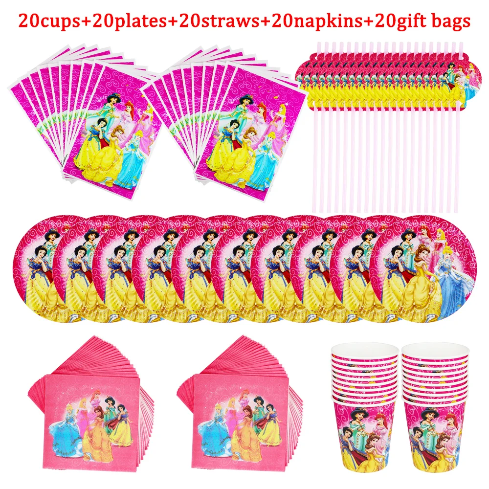 

Disney Six Princess Cups Plates Kids Birthday Party Decoration Baby Shower Girls Supplies Dinner Set Child's Favorite 100Pcs