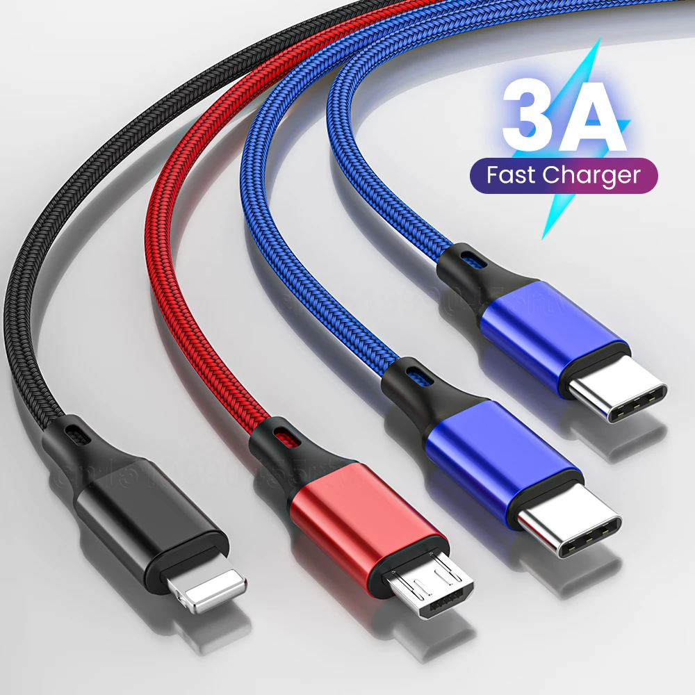 4 в 1 USB-кабель 3 USB A к Micro USB/Type C/8 Pin Kable для iPhone зарядное устройство 3A шнур быстрой
