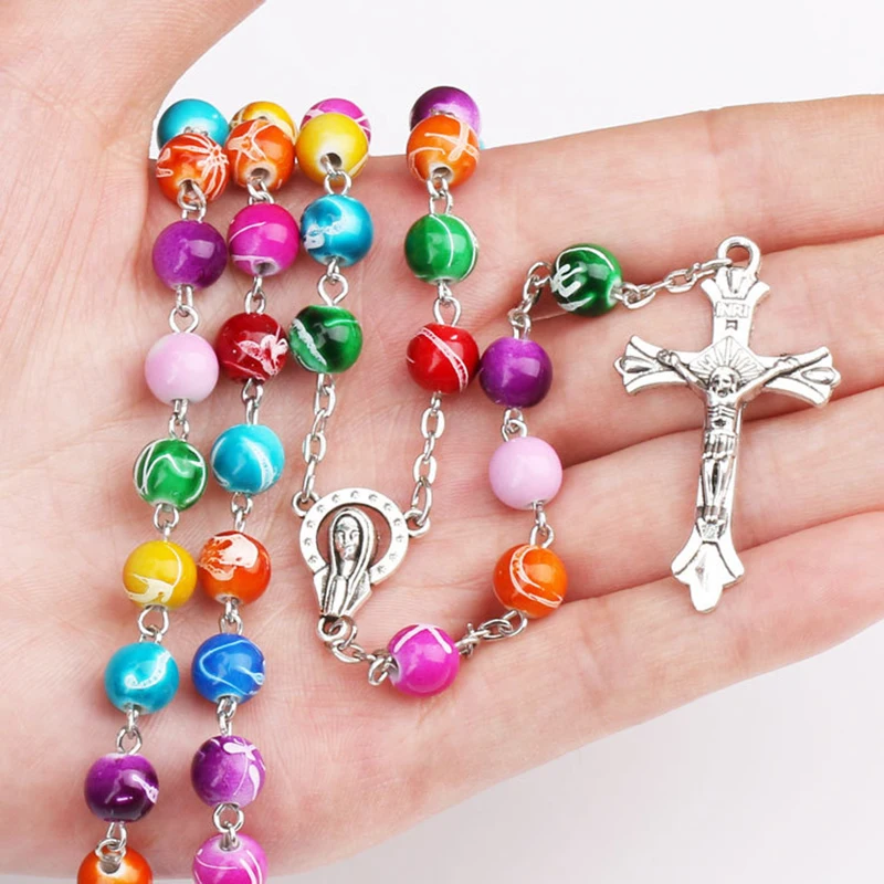 

Religious Catholic Acrylic Jesus Cross Necklace Christian Virgin Rosary Beads Crucifix Brarelet Religious Church Souvenirs Gift