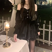 gothic black velvet dress evening party long sleeve y2k mini dress women vintage elegant one piece dress korean 2021 autumn