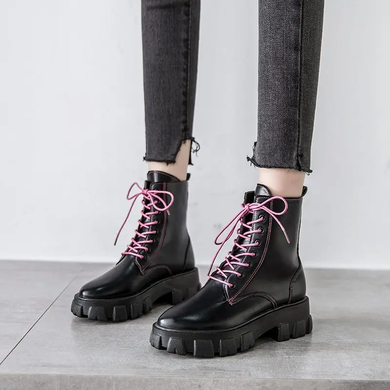 

Women Mid Calf Boots Lace Up Paltform Ladies Pu Leather Fashion Motorcycle Boots Female Casual Cone Heels Shoes Woman Footwear