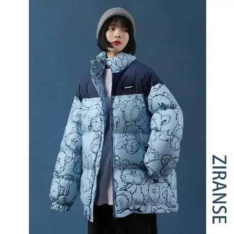 Зимняя женская куртка пуховик синее хлопковое пальто с воротником-стойкой