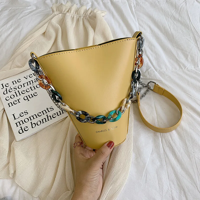 Fashion Acrylic Chain Buckets Bag Designer Women Handbags Luxury Pu Letaher Shoulder Crossbody Bag Casual Totes Small Purse Sac - Цвет: yellow