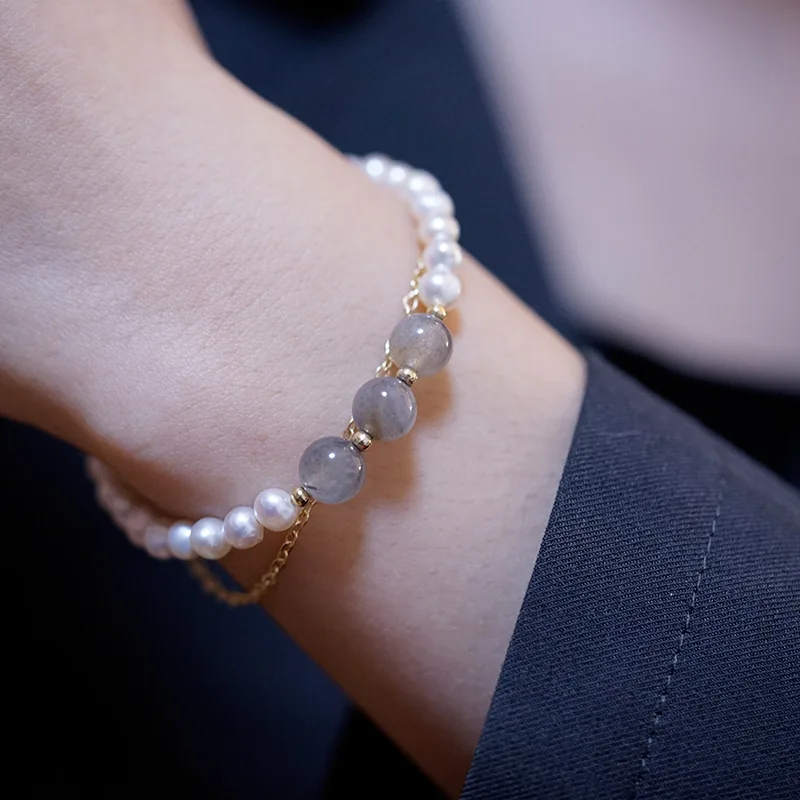 

Double Layer Elegant Freshwater Pearl Strand Bracelets For Women Grey Moonlight Beads Natural Stone Bracelets Jewelry