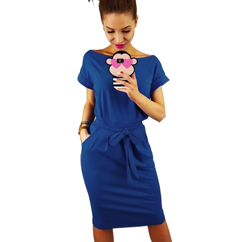 

Women's Dress Summer Casual Lace Up Midi Dress Women Fashion O-Neck Short Sleeve Strap Sashes Elegant Everyday Dresses Vestido S