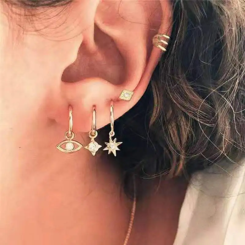 

Fashion Personality Women's Earrings Creative Retro Punk Eyes Starlight Diamond Earrings 5-Piece Set New Trend Party Gift