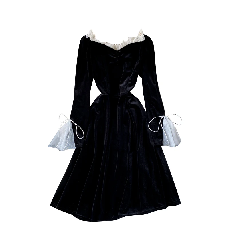 

black fungus around collar long in velvet restoring ancient ways of cultivate horn sleeve dress female spring clothing