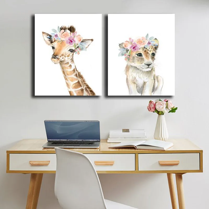 Lion Animals Oil Painting Modern Cute Flower for Kids Room Canvas Cuadros Wall Art Pictures Children Posters | Дом и сад