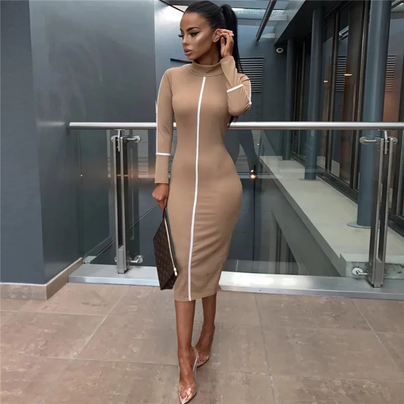

Casual Bodycon Women Long Dress Fashion Full Sleeve Striped Patchwork Dresses Fashion Turtleneck Ladies Skinny Dresses