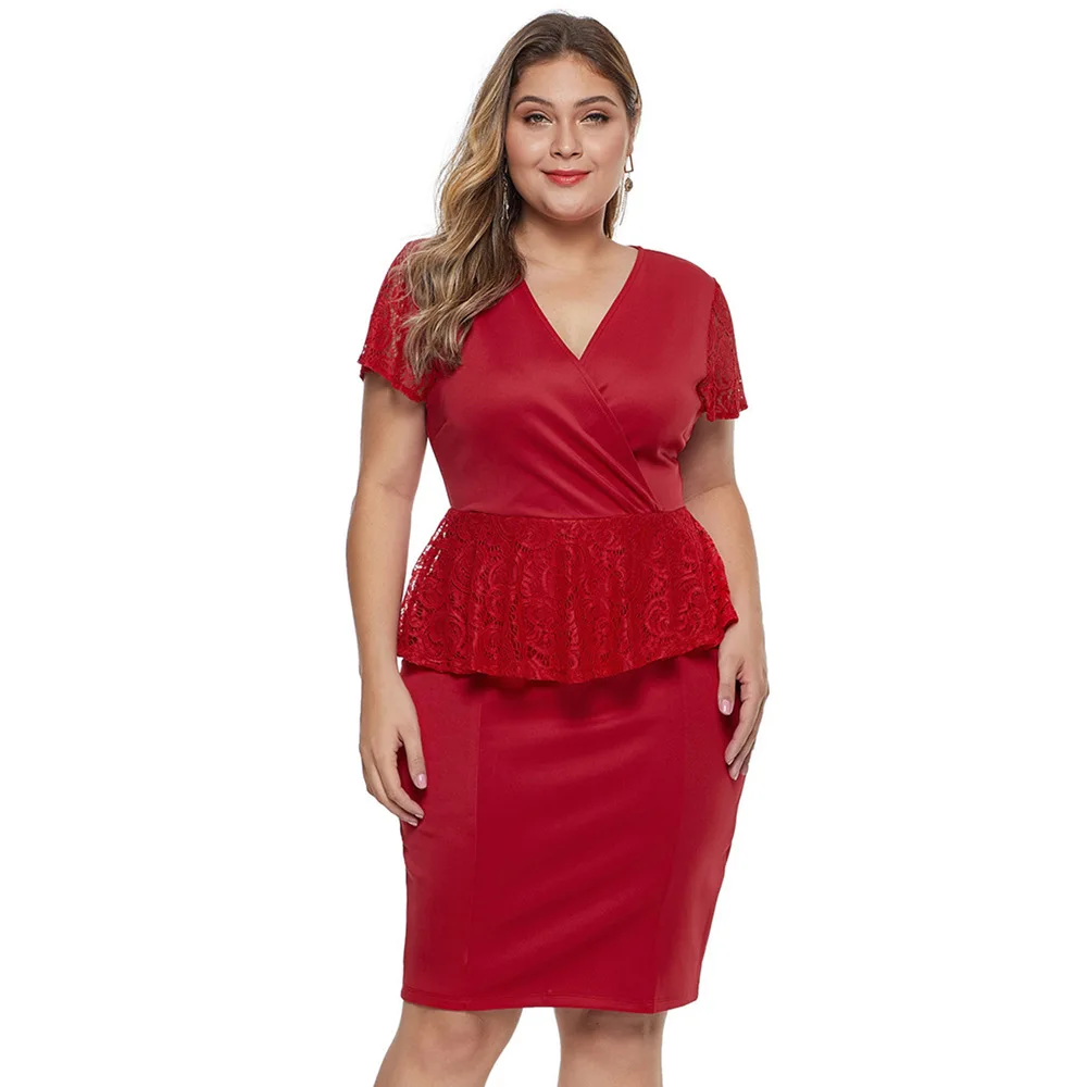 

2019 Women Summer Lace Party Dress Designer Knee Length Dress Plus Size V Neck