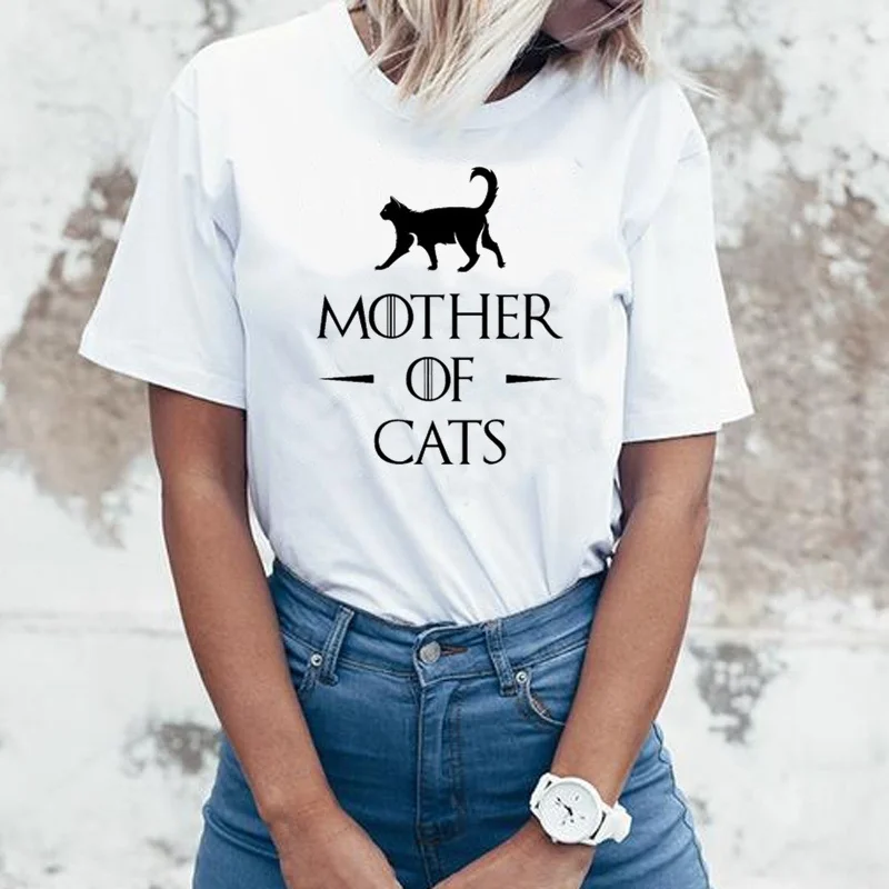 

2020 Fashion Women Cat T-Shirt MOTHER OF CATS Letter Printed Female T-shirt Summer White Top Tee(S-XXXL)