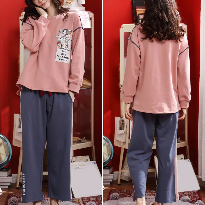 

Women Pajama Set Warm Soft Cartoon Long Pants Pajama Long Sleeves Loose Round Neck Sleepwear A66