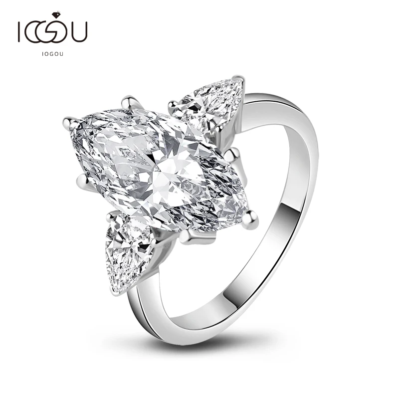 

IOGOU Three Stones Marquise Created Sapphire Engagement Rings For Women Sona 925 Sterling Silver Wedding Band Ring Jewelry Gift