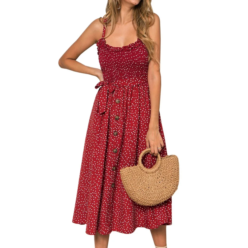 

Sexy Summer Sleeveless Slip Dress Women Strapless Bow Button Loose Bandage Pleated Polka Dot Sundress Summer Vacation Clothes