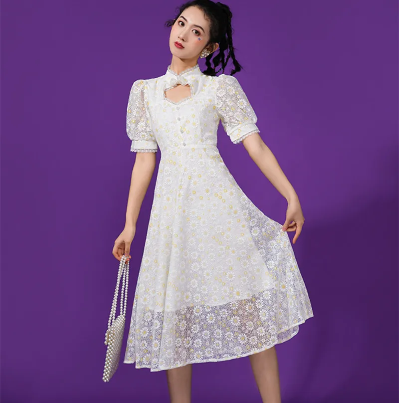 

French dress in new new lace hollow-out short-sleeved summer sweet fairy long skirt