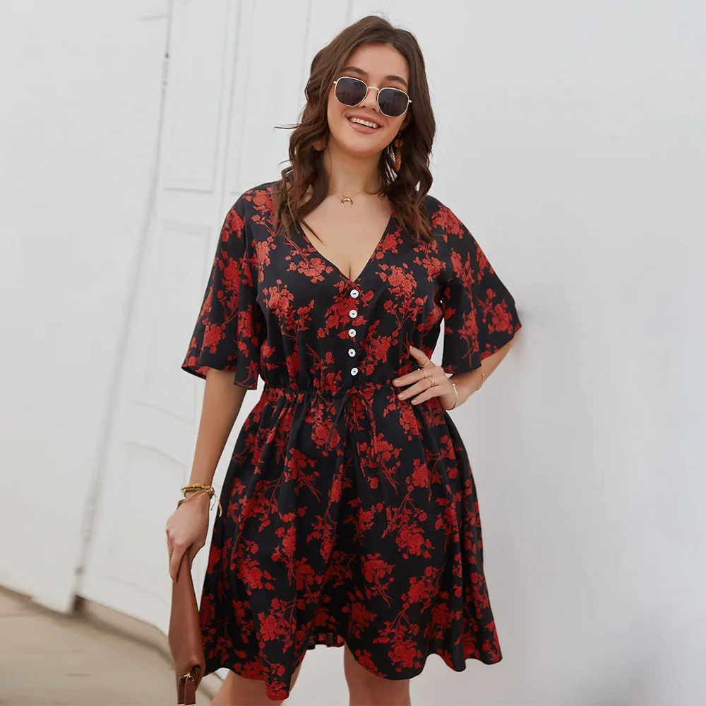 

DOIB Women Black Red Floral Dress Plus Size V Neck Flare Sleeve Midi Large Size Dress 2021 Summer Fashion 4XL Dress