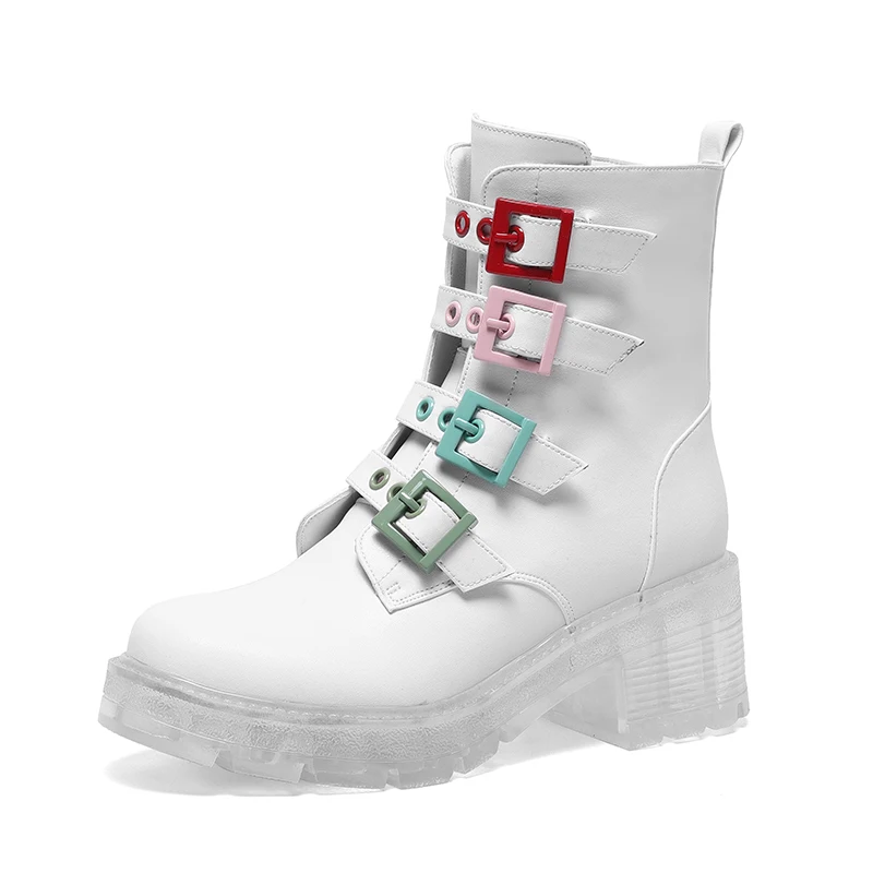 Dovereiss Fashion Women's Shoes Winter Round Toe White Buckle Zipper Natural Leather Concise Block Heels Short Boots 34-40