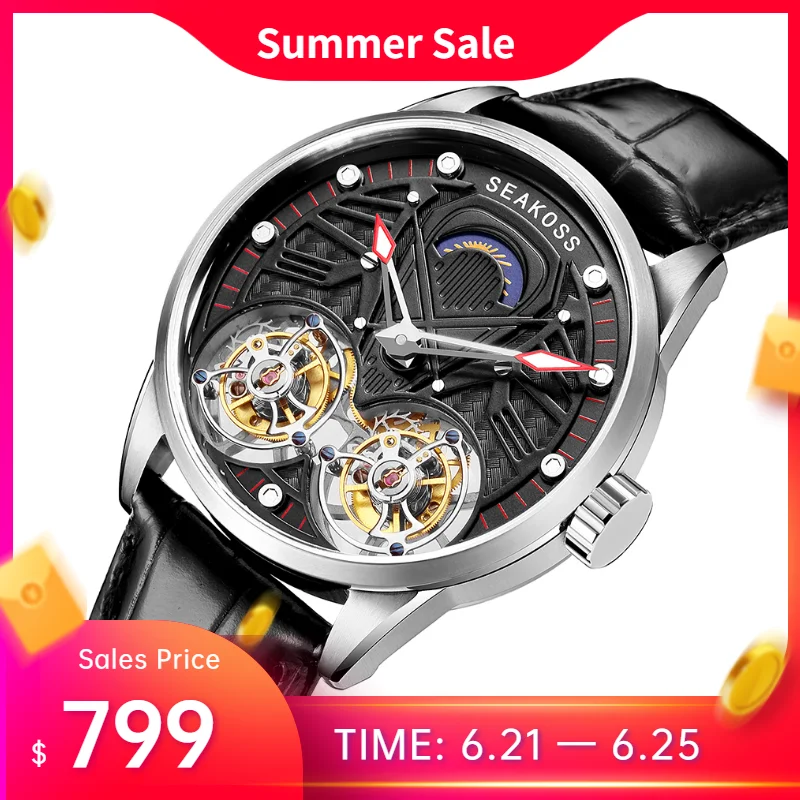 Мужские часы с турбийоном SEAKOSS Сияющие механические ручным заводом ограниченная