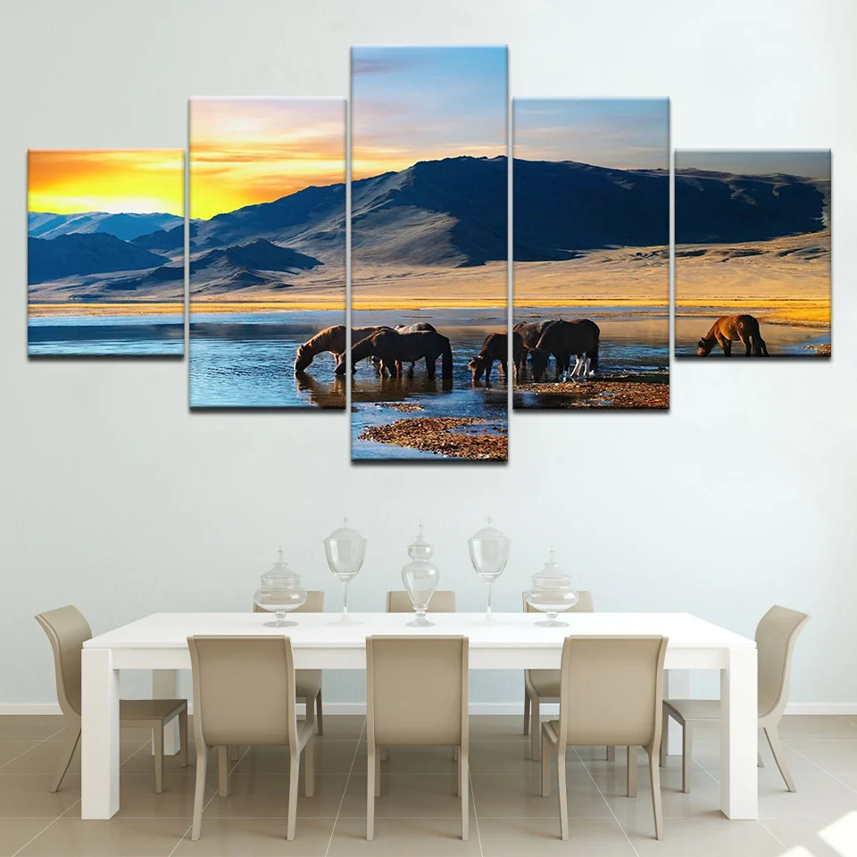 Wall Art Картины картина 5 шт. набор лошадь пить воду фотографии печать на холсте для