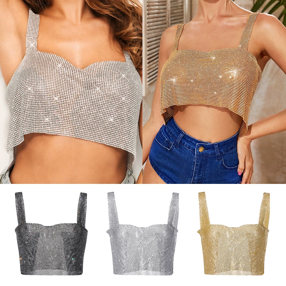 

2021 fashion shiny backless rhinestone vest women's sexy metal crystal diamond sequin nightclub party wear crop top