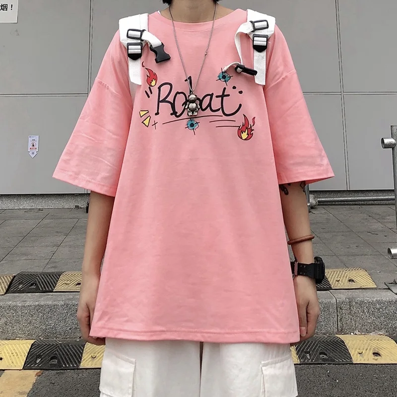 

Женская хлопковая футболка, розовая Повседневная Длинная Футболка большого размера в стиле Харадзюку, лето 2021