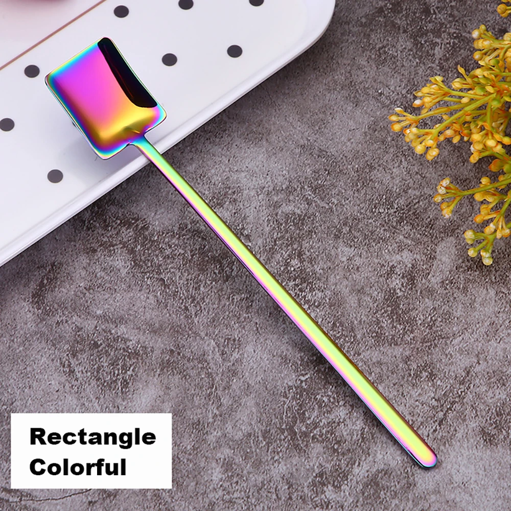 Rectangle Colorful 304 Нержавеющая сталь Кофе ложка творческий покрытие льда ложка c длинной ручкой Чай ложки Кухня инструменты горячего питья столовые красочные - Цвет: Rectangle Colorful