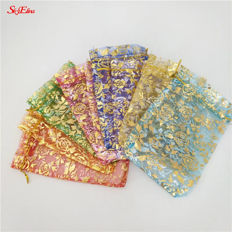 50 шт., 7x9, 9x12, 11x16, 13x18, 15x20, 20x30 см, позолоченные розы из органзы, ювелирные изделия, сумки для свадебной вечеринки, украшения, сувениры, сумки для подарков 5Z