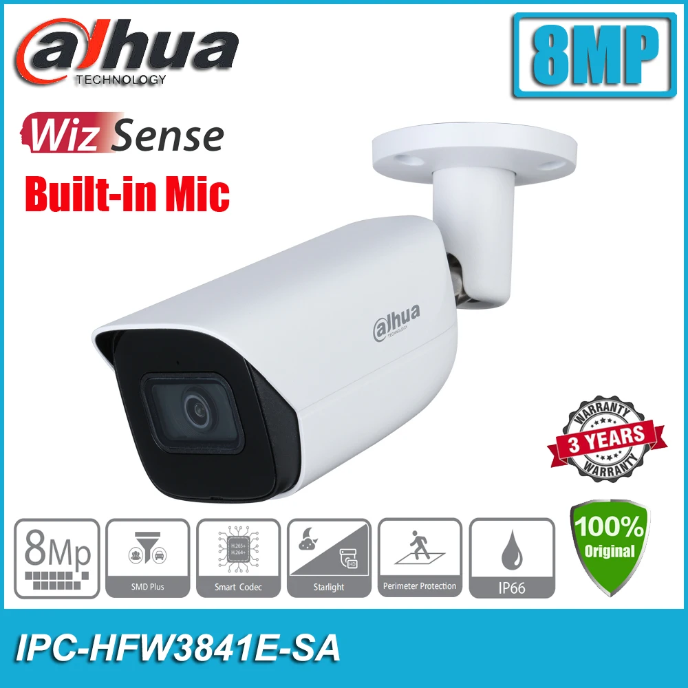 

Dahua IPC-HFW3841E-SA 8MP 4K Starlight IR H.265 AI Function PoE Bullet WizSense Network CCTV IP Camera HFW3841E-SA Built-in Mic