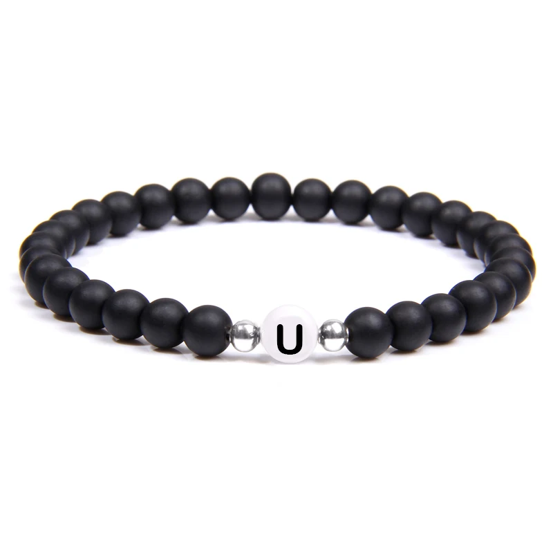 

Natural White Turquoises Black Frosted Stone 26 Letters Bead Name Bracelet Women Men Couple Love Friendship Lucky Diy Bracelets