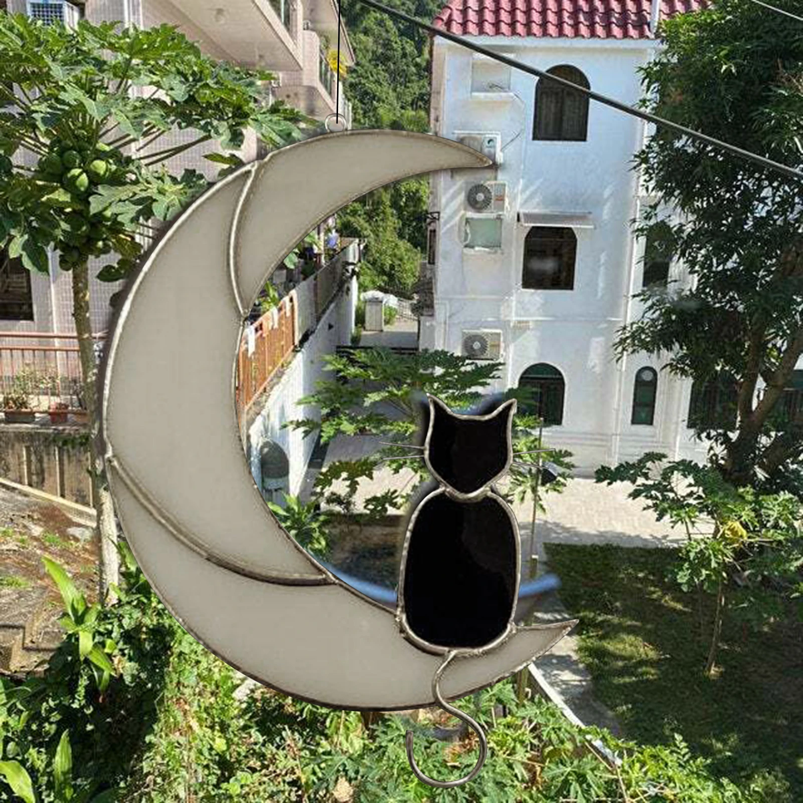 

Stained Glass Cat On the Moon Window Hanging Suncatcher Cat Lover Gift Pet Gift Black Cat On the Moon Home Decor HK3